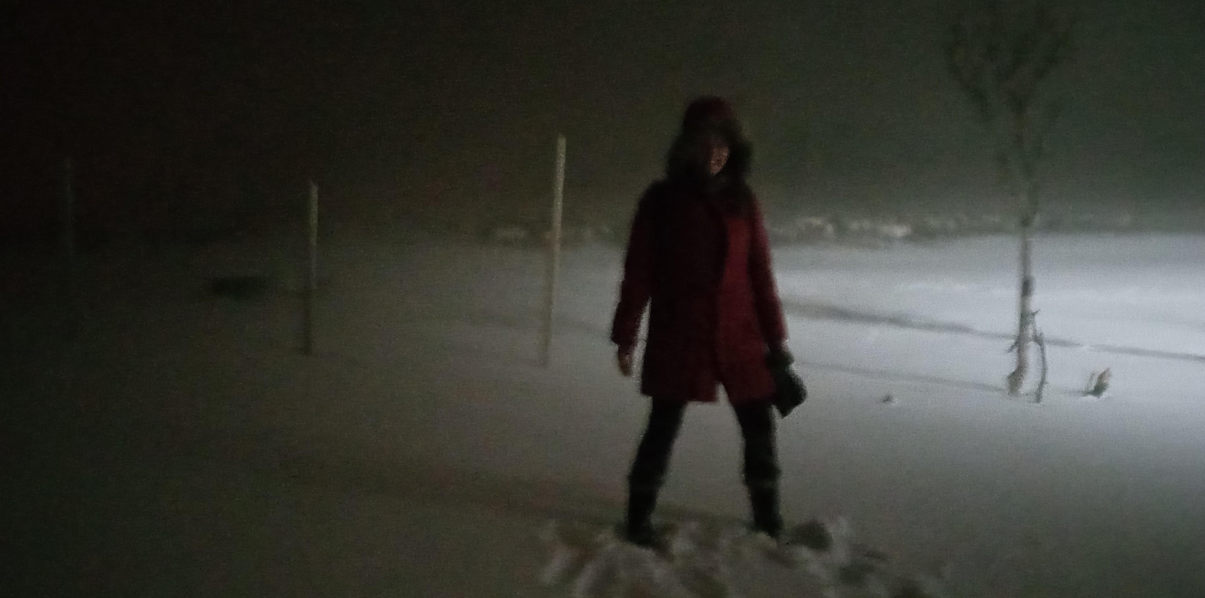 凯伦·巴顿穿着厚厚的红色外套站在风雪中