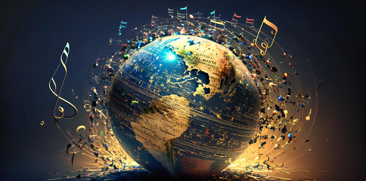 Musical globe background 与 music notes representing diverse sounds around the world.