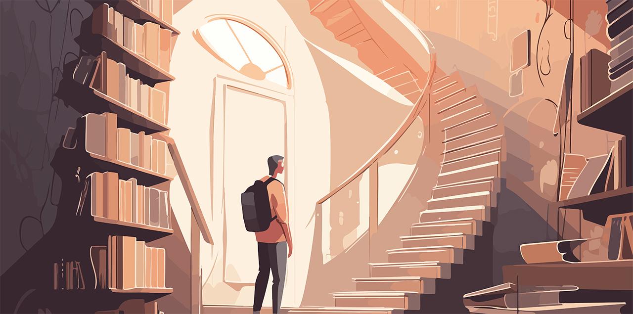 Illustration of student standing near a staircase made of books, 深思教育，深思
