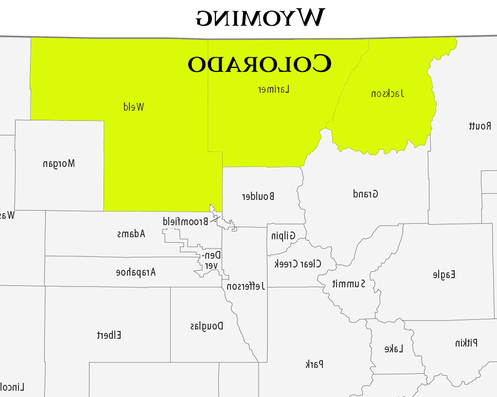 Weld, Larimer, and Jackson counties highlighted on a zoomed-in map of Colorado counties. 